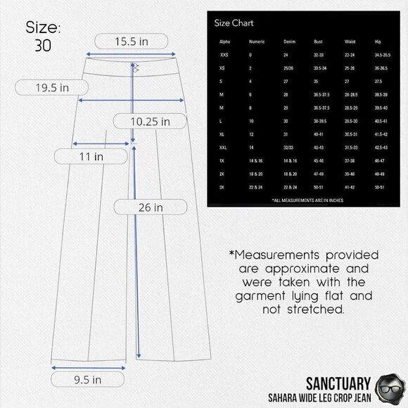 SANCTUARY SAHARA NON-CONFORMIST WIDE LEG CROP JEAN IN BLUE HORIZON WOMEN SIZE 30 - Picture 14 of 16